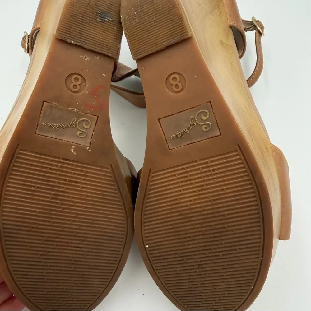 Seychelles Leather Tan Boho Wooden Wedge Strappy Buckle Open Toe Platform Heel 8